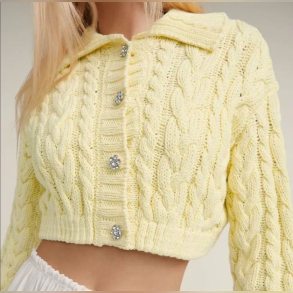 Zara pastel yellow cable knit cardigan with rhinestone buttons